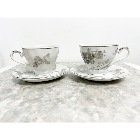 Set of 2 - Vintage Norcrest Fine China 25th Anniversary Teacups & Saucers - Picture 1 of 8